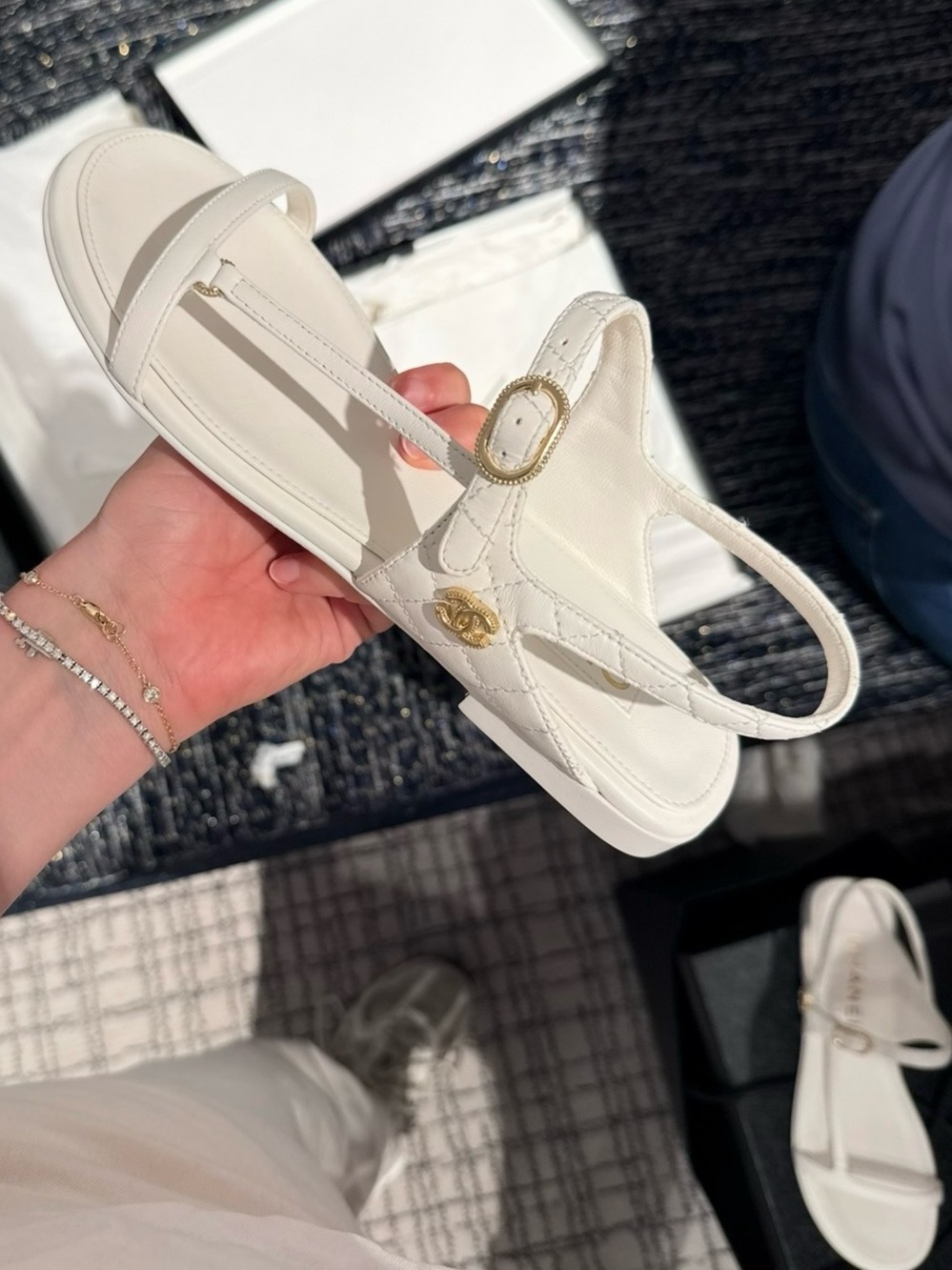 CHANEL White Quilted Slingback Sandals with Gold CC Accent
